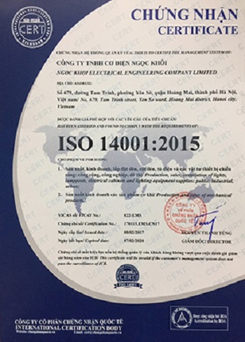 ISO 14001:2015 - Thiết Bị Chiếu Sáng Ngọc Khôi - Công Ty TNHH Cơ Điện Ngọc Khôi